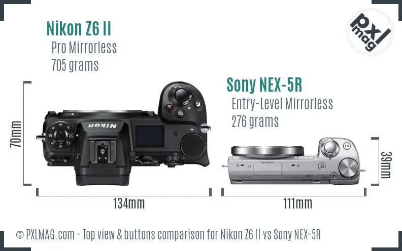 Nikon Z6 II vs Sony NEX-5R top view buttons comparison Nikon Z6 II vs Sony NEX-5R top view buttons comparison