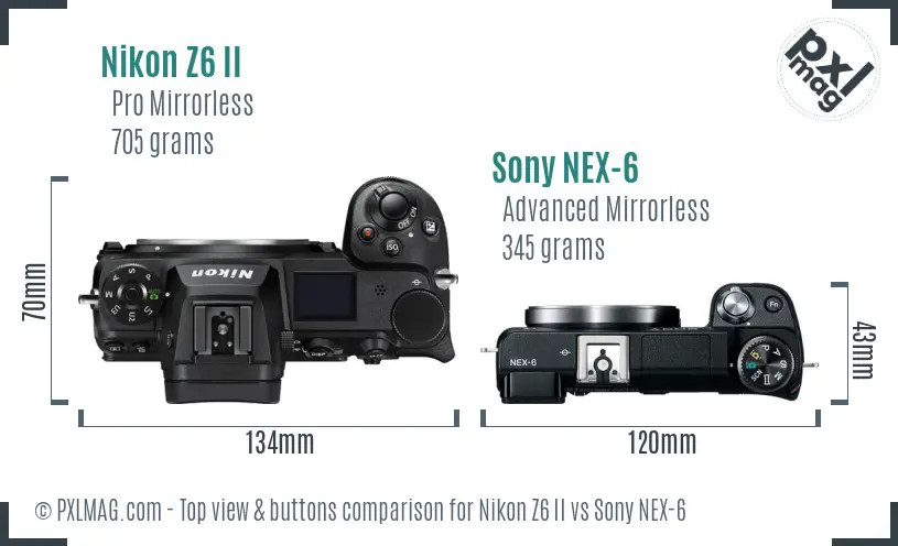 Nikon Z6 II vs Sony NEX-6 top view buttons comparison