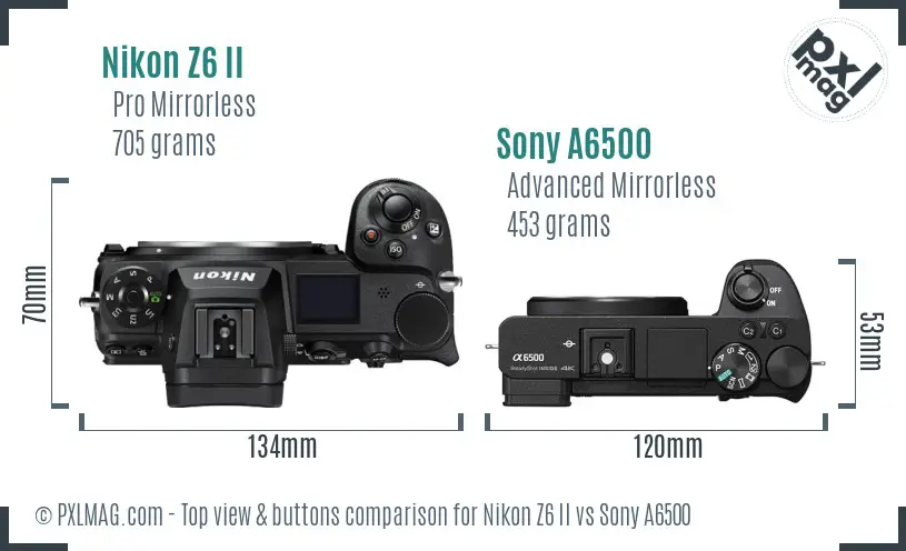 Nikon Z6 II vs Sony A6500 top view buttons comparison