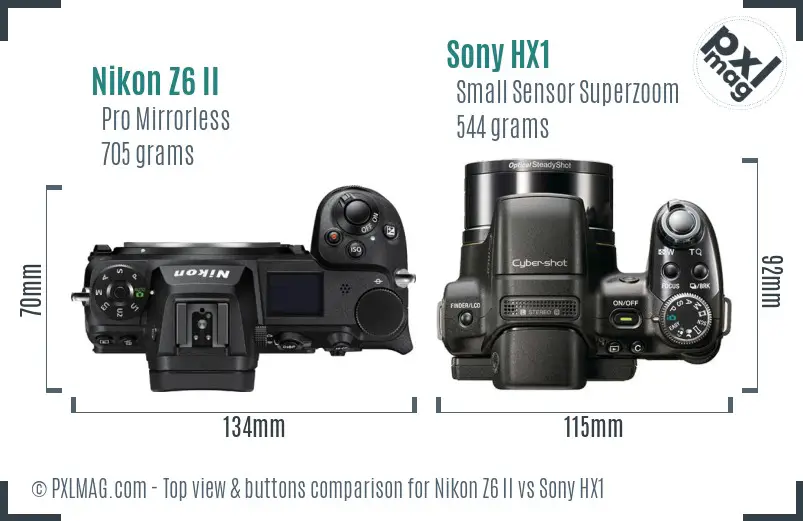 Nikon Z6 II vs Sony HX1 top view buttons comparison