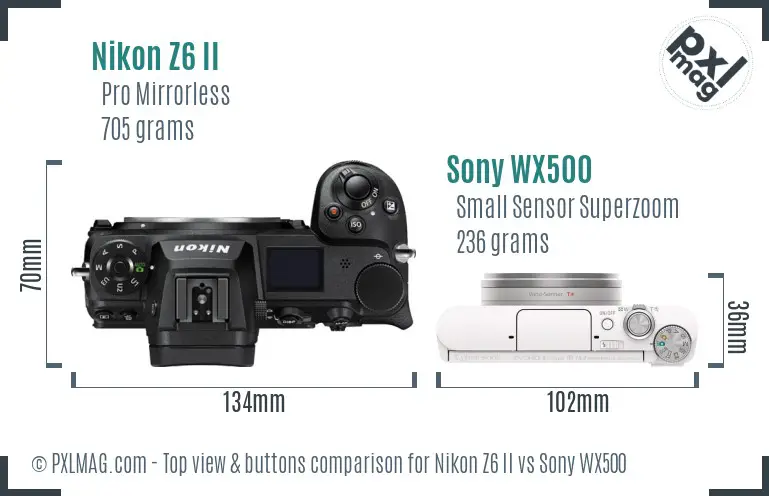 Nikon Z6 II vs Sony WX500 top view buttons comparison Nikon Z6 II vs Sony WX500 top view buttons comparison