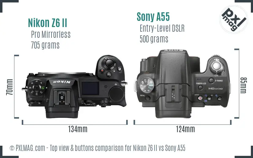 Nikon Z6 II vs Sony A55 top view buttons comparison