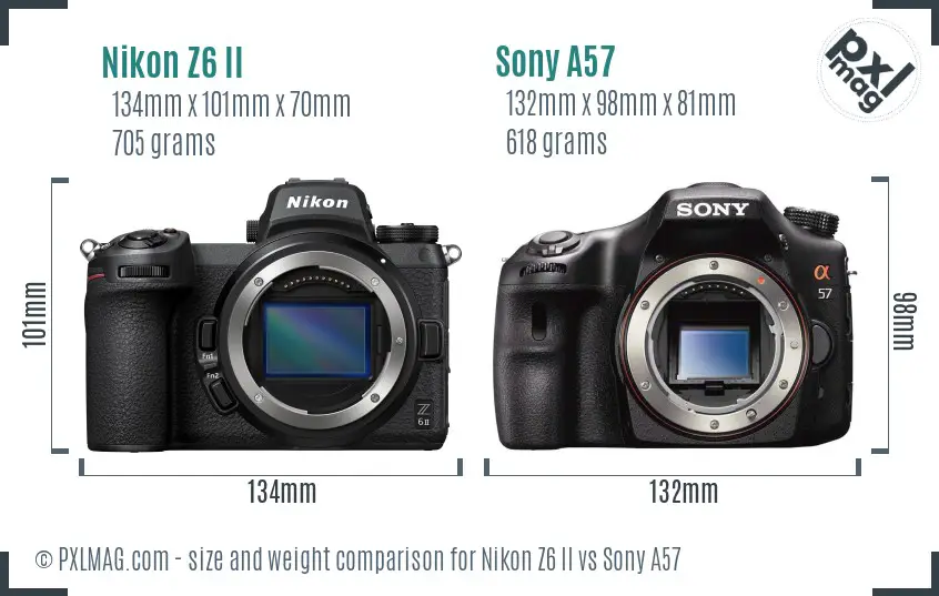 Nikon Z6 II vs Sony A57 size comparison