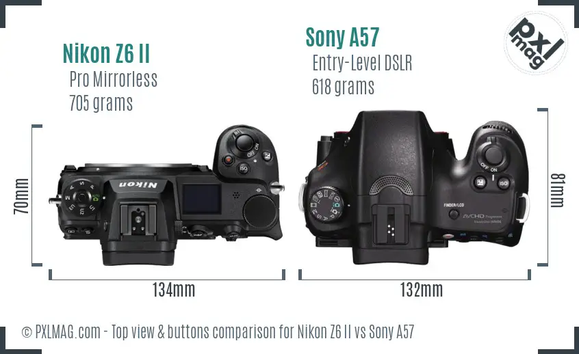 Nikon Z6 II vs Sony A57 top view buttons comparison