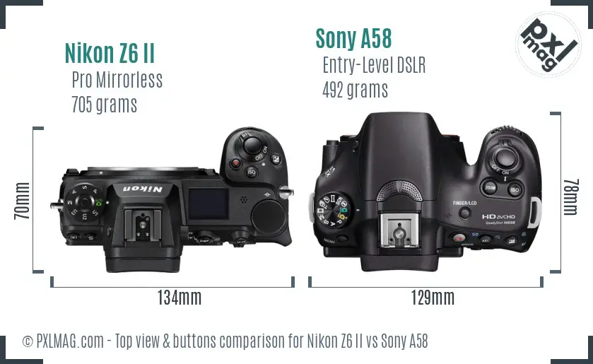 Nikon Z6 II vs Sony A58 top view buttons comparison Nikon Z6 II vs Sony A58 top view buttons comparison