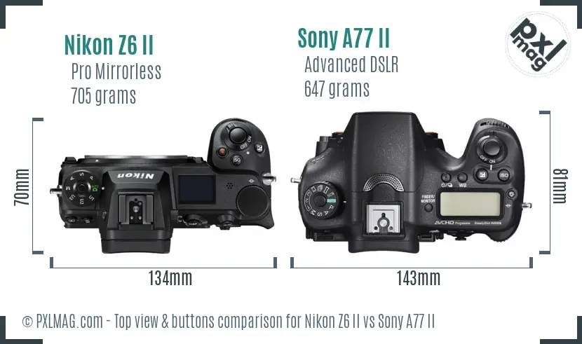 Nikon Z6 II vs Sony A77 II top view buttons comparison Nikon Z6 II vs Sony A77 II top view buttons comparison