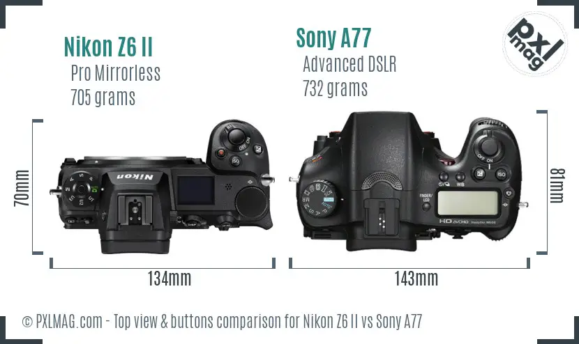 Nikon Z6 II vs Sony A77 top view buttons comparison