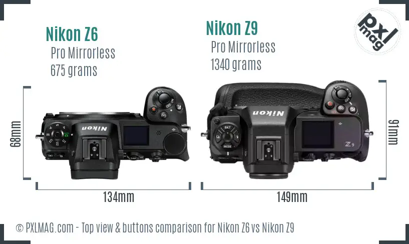 Nikon Z6 vs Nikon Z9 top view buttons comparison