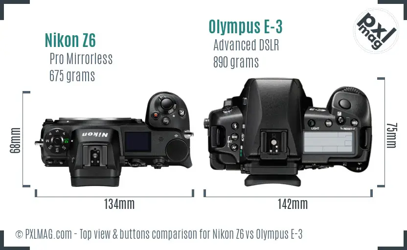 Nikon Z6 vs Olympus E-3 top view buttons comparison