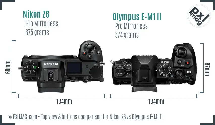 Nikon Z6 vs Olympus E-M1 II top view buttons comparison