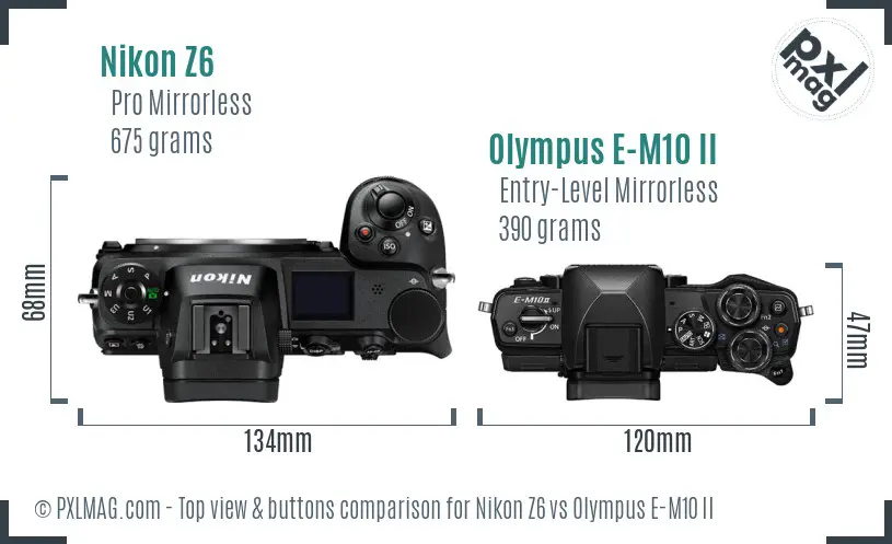 Nikon Z6 vs Olympus E-M10 II top view buttons comparison