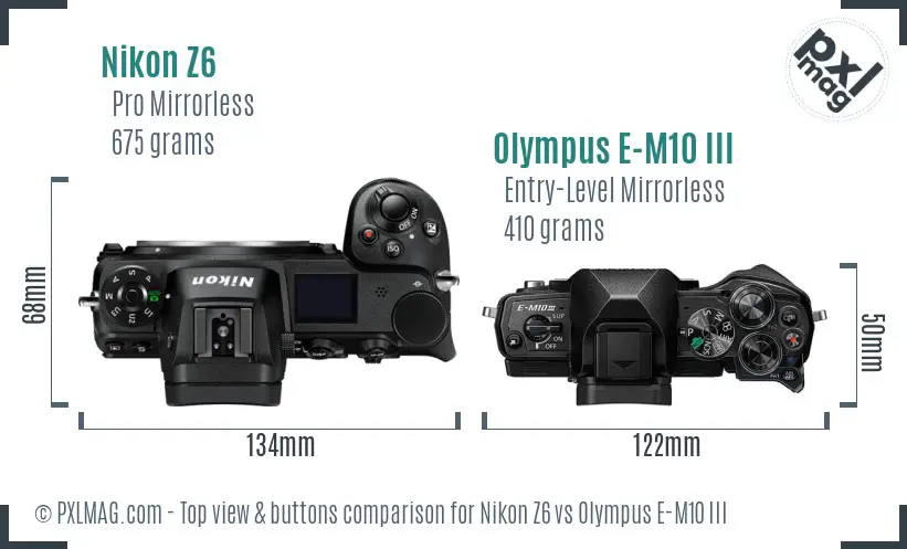 Nikon Z6 vs Olympus E-M10 III top view buttons comparison