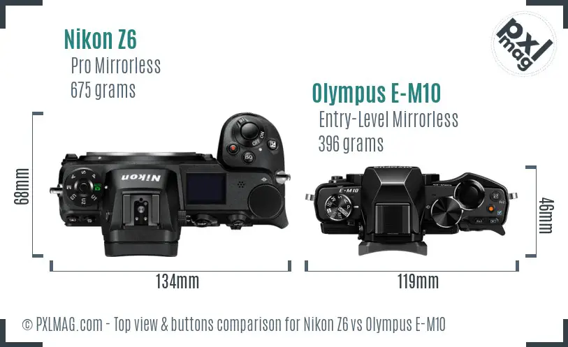 Nikon Z6 vs Olympus E-M10 top view buttons comparison