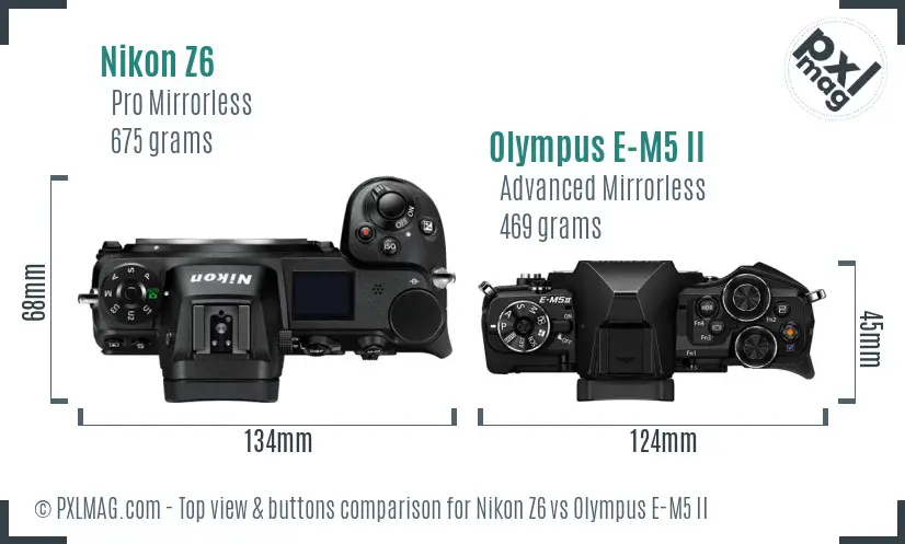 Nikon Z6 vs Olympus E-M5 II top view buttons comparison