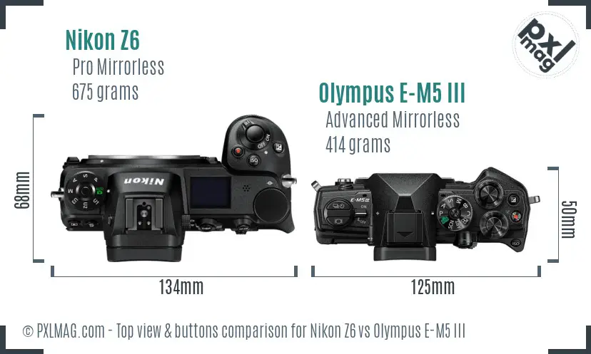 Nikon Z6 vs Olympus E-M5 III top view buttons comparison