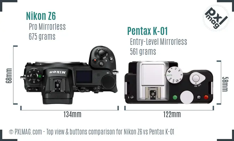 Nikon Z6 vs Pentax K-01 top view buttons comparison