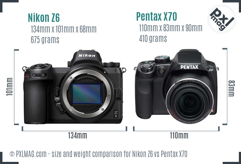 Nikon Z6 vs Pentax X70 size comparison