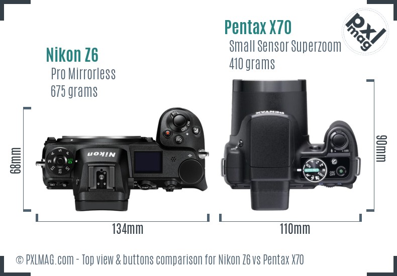 Nikon Z6 vs Pentax X70 top view buttons comparison