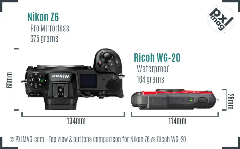 Nikon Z6 vs Ricoh WG-20 top view buttons comparison
