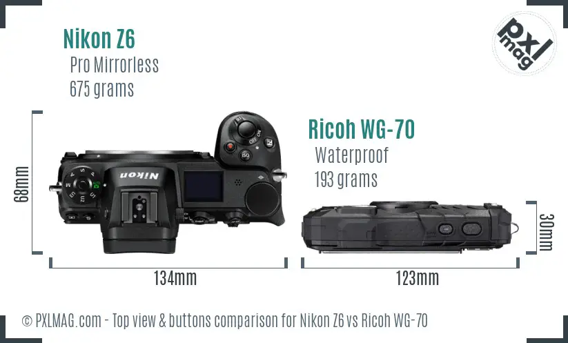 Nikon Z6 vs Ricoh WG-70 top view buttons comparison