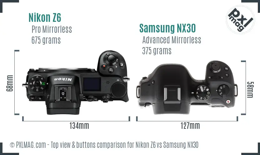 Nikon Z6 vs Samsung NX30 top view buttons comparison Nikon Z6 vs Samsung NX30 top view buttons comparison