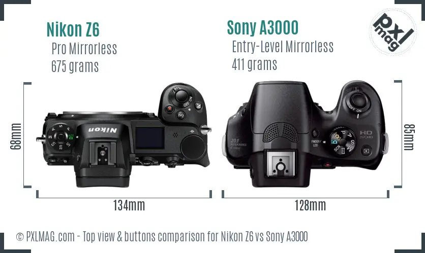 Nikon Z6 vs Sony A3000 top view buttons comparison