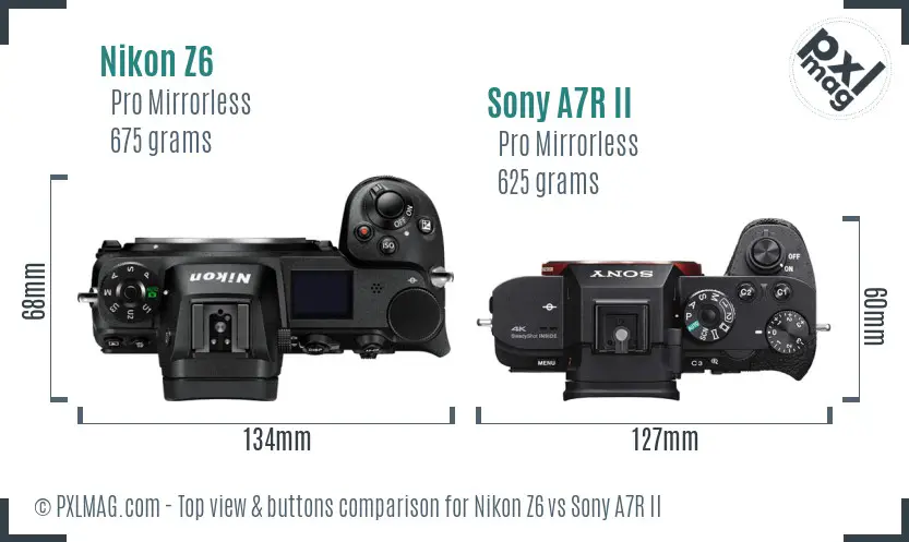Nikon Z6 vs Sony A7R II top view buttons comparison