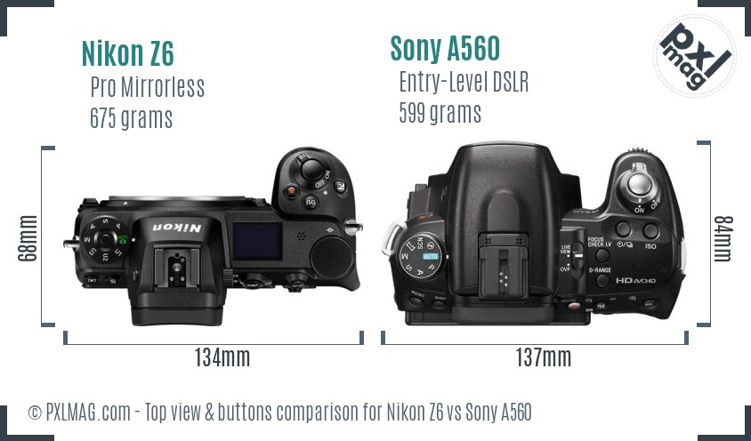 Nikon Z6 vs Sony A560 top view buttons comparison