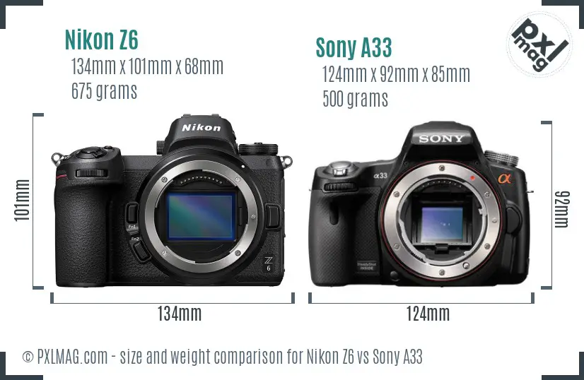 Nikon Z6 vs Sony A33 size comparison
