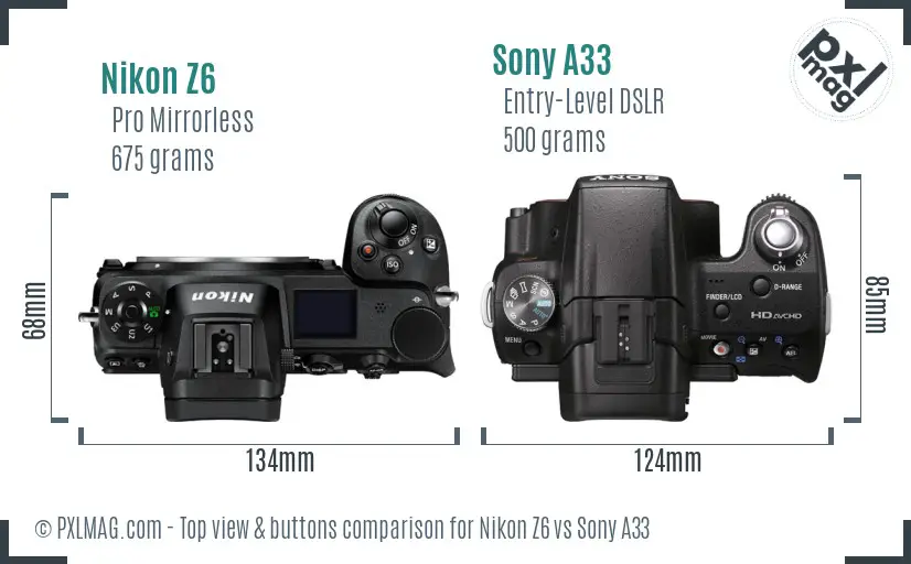 Nikon Z6 vs Sony A33 top view buttons comparison