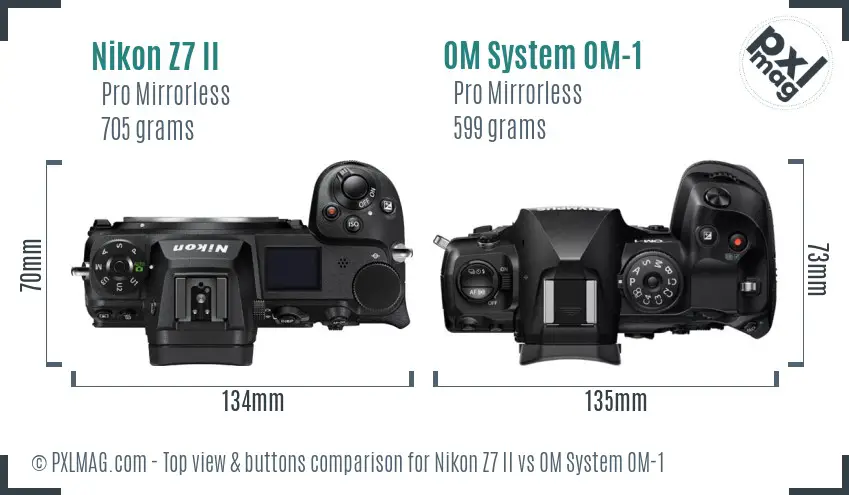 Nikon Z7 II vs OM System OM-1 top view buttons comparison