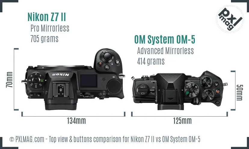 Nikon Z7 II vs OM System OM-5 top view buttons comparison