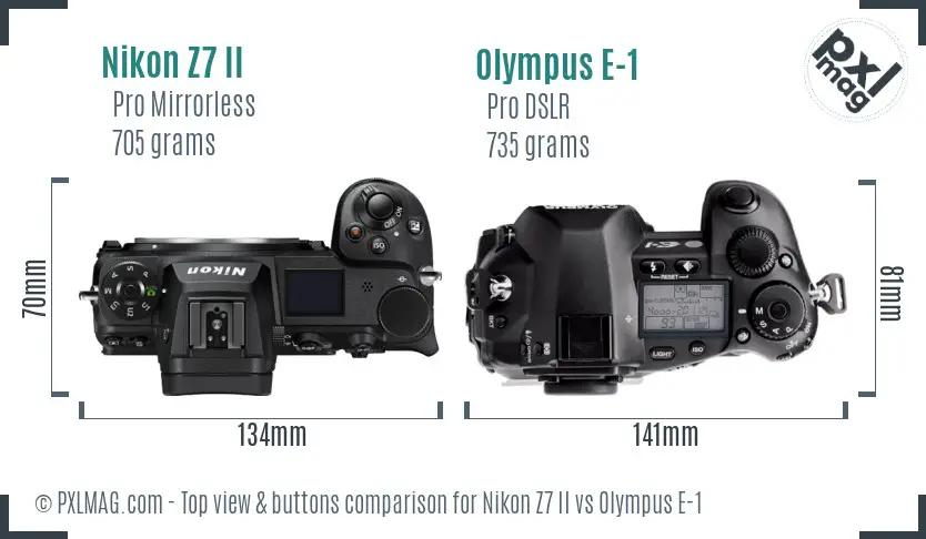 Nikon Z7 II vs Olympus E-1 top view buttons comparison