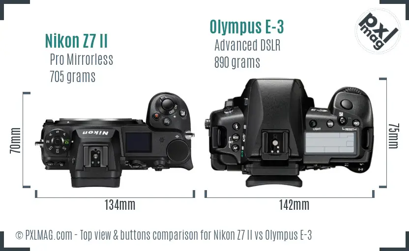 Nikon Z7 II vs Olympus E-3 top view buttons comparison