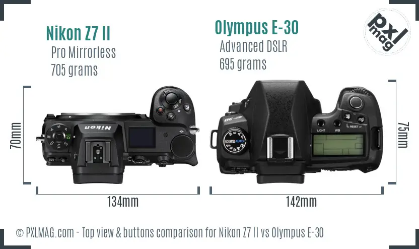 Nikon Z7 II vs Olympus E-30 top view buttons comparison