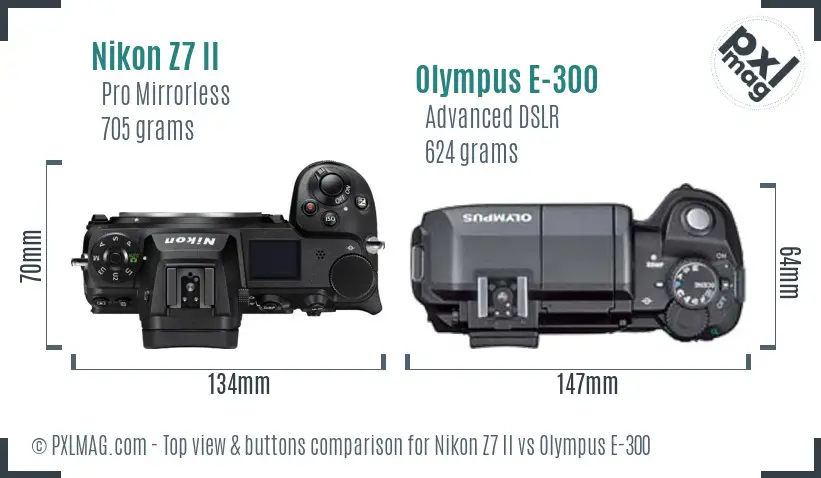 Nikon Z7 II vs Olympus E-300 top view buttons comparison