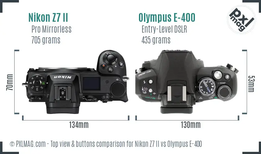 Nikon Z7 II vs Olympus E-400 top view buttons comparison