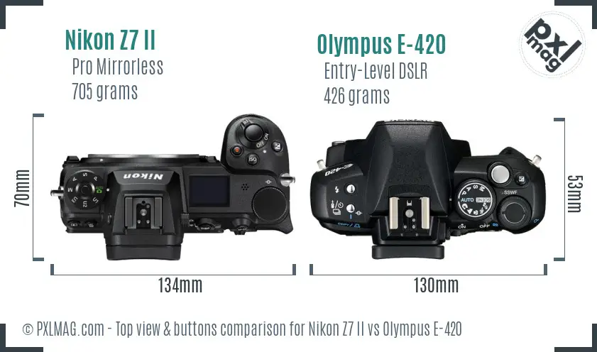 Nikon Z7 II vs Olympus E-420 top view buttons comparison
