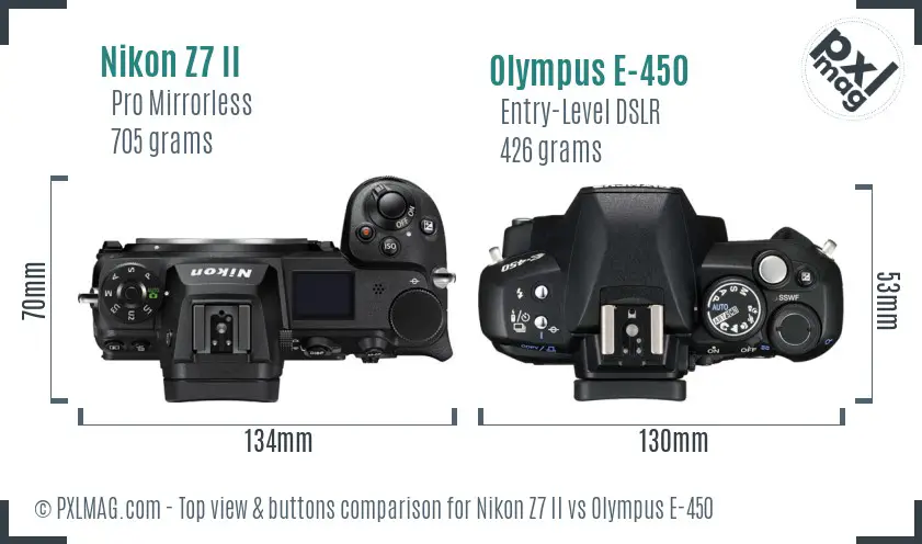 Nikon Z7 II vs Olympus E-450 top view buttons comparison