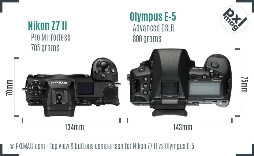 Nikon Z7 II vs Olympus E-5 top view buttons comparison