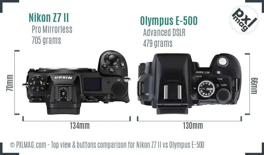 Nikon Z7 II vs Olympus E-500 top view buttons comparison