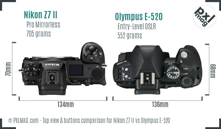 Nikon Z7 II vs Olympus E-520 top view buttons comparison