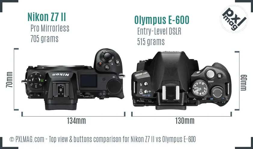 Nikon Z7 II vs Olympus E-600 top view buttons comparison