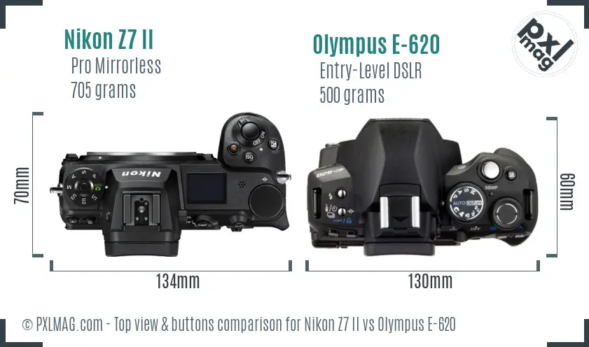 Nikon Z7 II vs Olympus E-620 top view buttons comparison