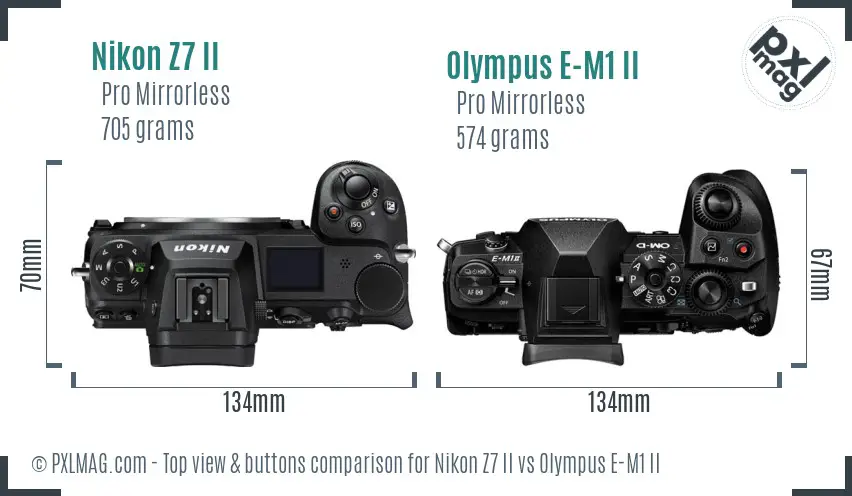 Nikon Z7 II vs Olympus E-M1 II top view buttons comparison