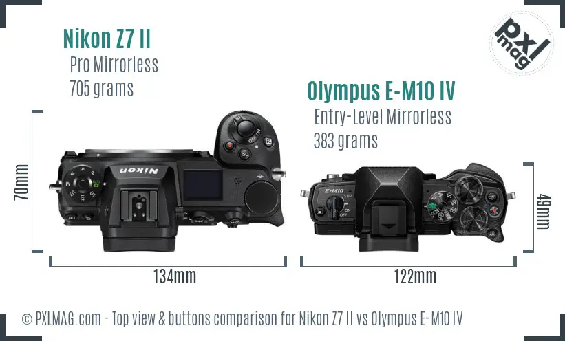 Nikon Z7 II vs Olympus E-M10 IV top view buttons comparison