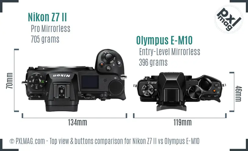 Nikon Z7 II vs Olympus E-M10 top view buttons comparison