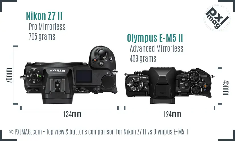 Nikon Z7 II vs Olympus E-M5 II top view buttons comparison