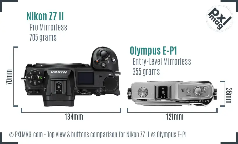 Nikon Z7 II vs Olympus E-P1 top view buttons comparison