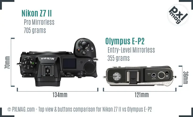 Nikon Z7 II vs Olympus E-P2 top view buttons comparison